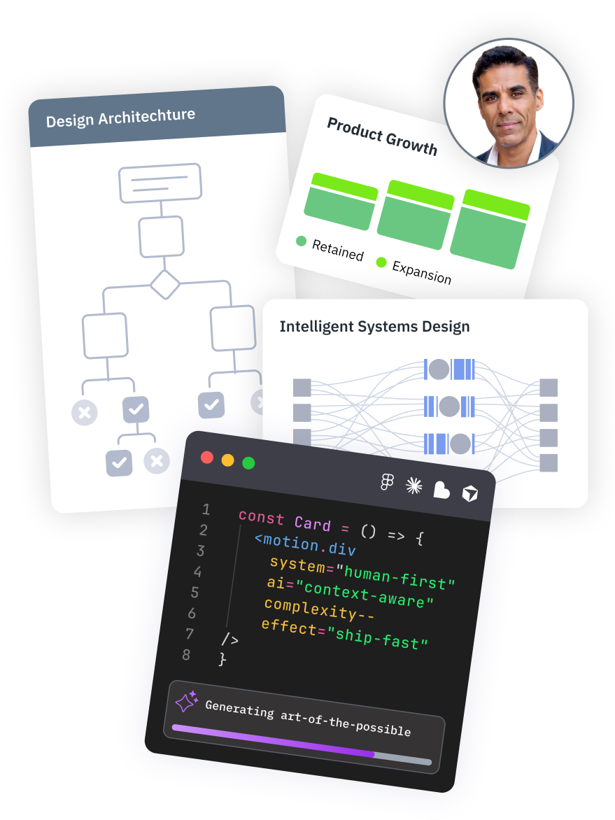 Principal product design leader showcasing AI-enabled SaaS systems, workflow architecture, and product growth through retention and expansion metrics